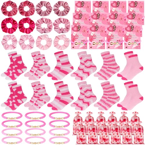 Galentine's Day Gift Set - Velvet Hair Scrunchies Plush Socks Bracelets 12 pcs - Girls Women Party Supplies