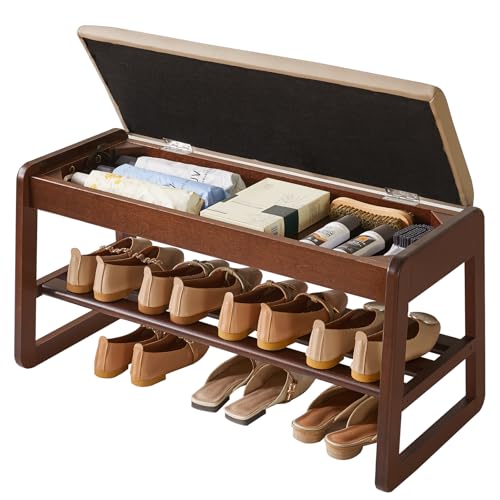 Aibiju 2-Tier Wooden Shoe Rack Bench with Flip-Top Storage & Cushion, Entryway Organizer