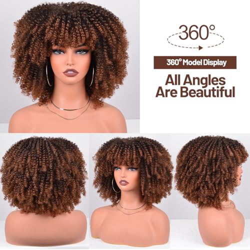 12 Inch Afro Wig for Black Women - Black to Brown Kinky Curly Synthetic Wig - Variation 12 Inch / Black to Brown (1B/30)