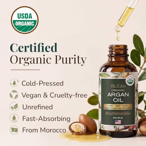 Organic Argan Oil of Morocco - 8 Fl Oz Pure Cold-Pressed Nourishing Skin & Hair Oil - Ella & Eden