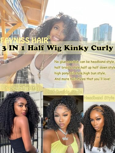 Natural Black 16 Inch Kinky Curly Half Wig Human Hair 3-in-1 Glueless Flip Over Style