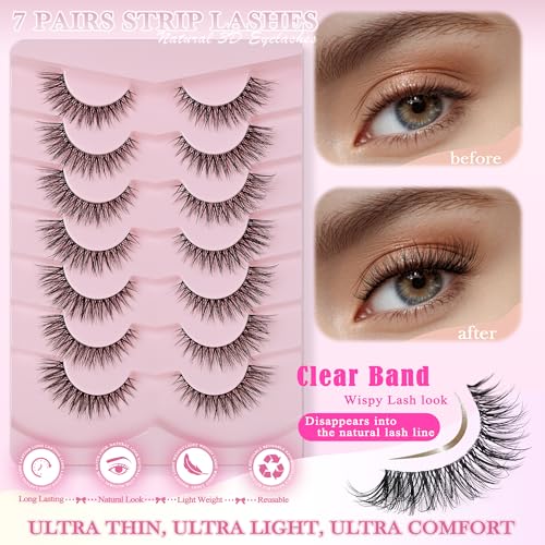 Natural Lashes Cat Eye Lashes 13mm Clear Band False Eyelashes Wispy Eyelashes Natural Look 3D Strip Lashes Soft faux Mink Eyelashes Pack 7 Pairs