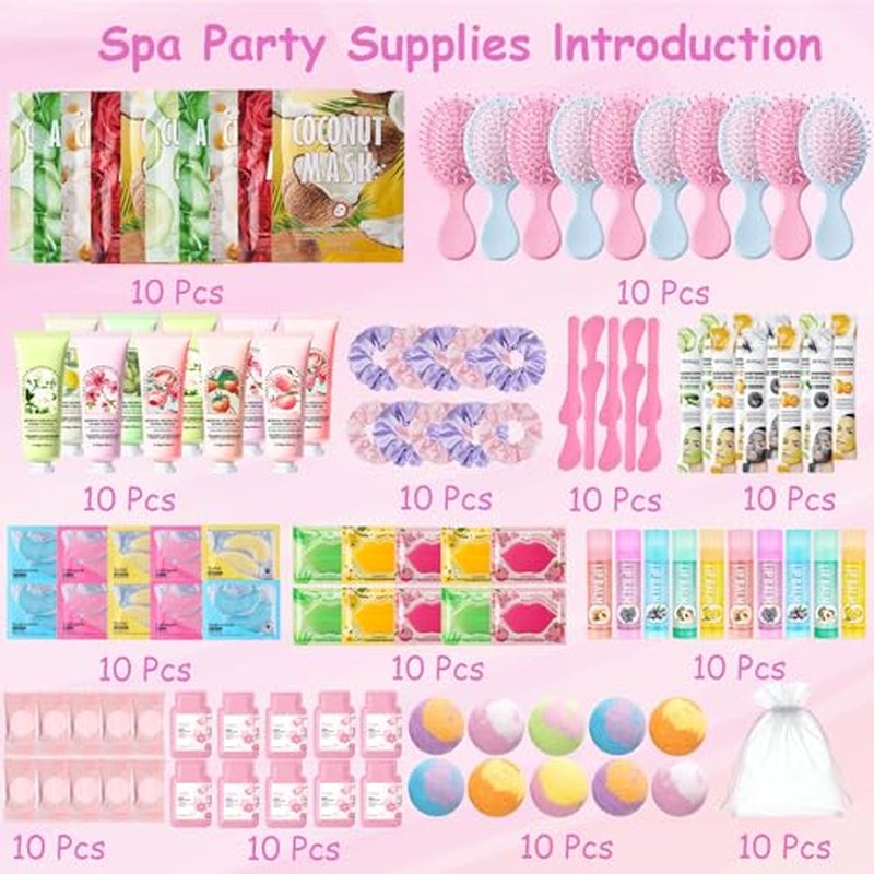 130 PCS Spa Party Supplies for Women, Include Face Masks Skincare, Hand Cream, Lip Balm, Lip Mask, Under Eye Patches,Hair Brush, Foot Bath Bombs,Spa Birthday Sleepover Party Supplies for Girls Women