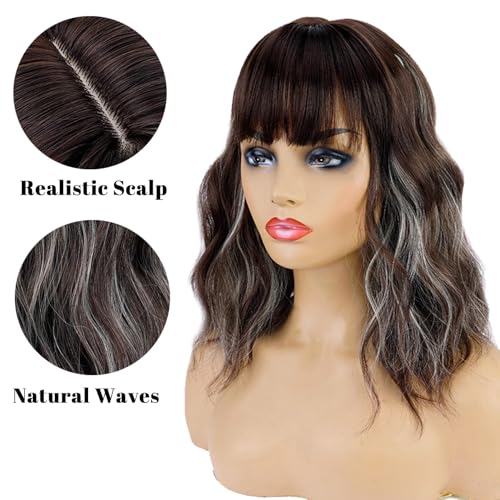 Brown Mixed Blonde Short Wavy Bob Wig with Bangs for Women - 14 Inch, Heat-Resistant Synthetic Hair