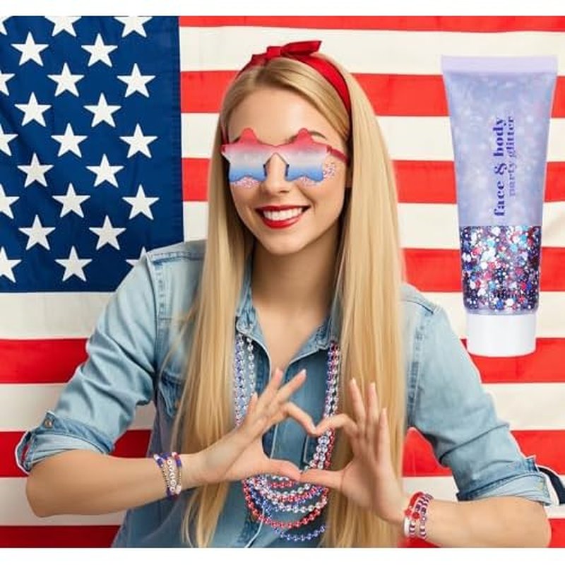 Go Ho 4th of July Outfits for Women,Red White and Blue Face Body Glitter,9PC Necklaces,3PC Star Glasses and 6PC Patriotic Bracelets,4th of July Accessories,Fourth of July Decorations Favors Set