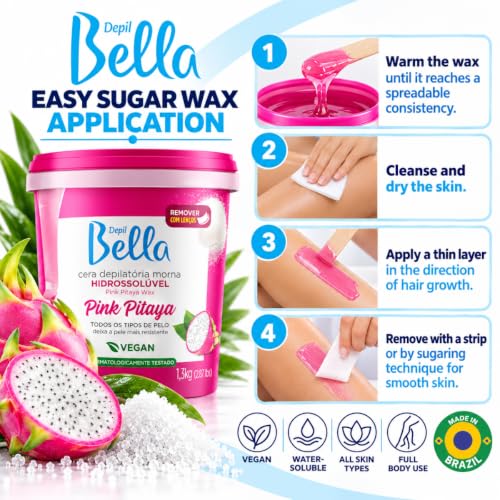 Depil Bella Brazilian Pink Pitaya Sugar Wax Paste 2.87 lb (45.92 oz) – Stripless Hard Wax for Brows, Bikini & Body