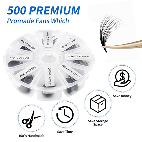 Premade Fans Short Stem 500 PCS 20D Eyelash Extensions 0.07mm C/D Curl 9-16mm Mixed WENDY LASHES Russian Volume Pre-made Lash Extension (500PCS-20D-0.07-D, 9-16mm mixed)