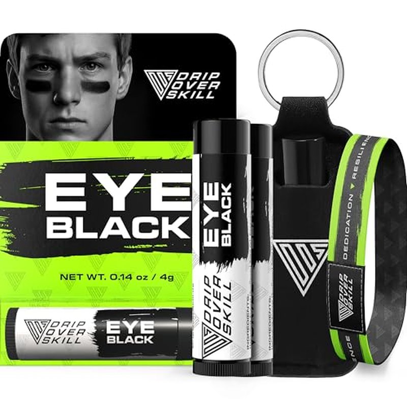Eye Black by DRIP Over Skill, Made with Natural Ingredients, 2 Pack, Carry Clip & DRIP Band, Skin-Safe Sports Face Paint, Repels Sweat, Anti-Glare for Baseball, Football, Softball, Lacrosse