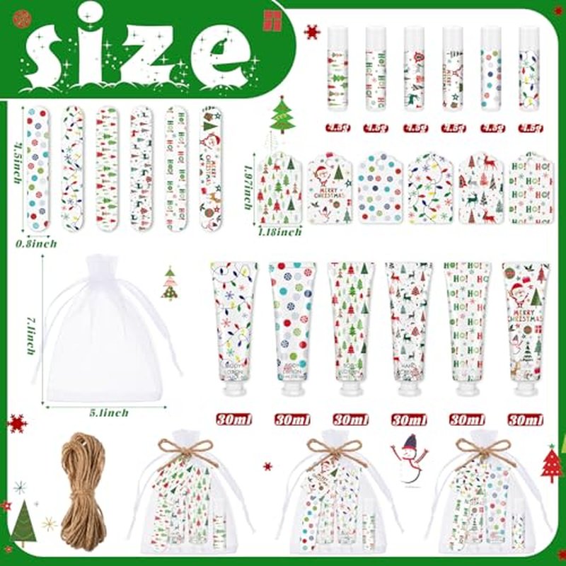 6 Sets/36 Pcs Christmas Party Favors Christmas Hand Cream Body Lotion Lip Balm Nail File Gifts Set Xmas Stocking Stuffers Travel Size Lotion Bulk Holiday Party Supplies for Coworkers Women Adults