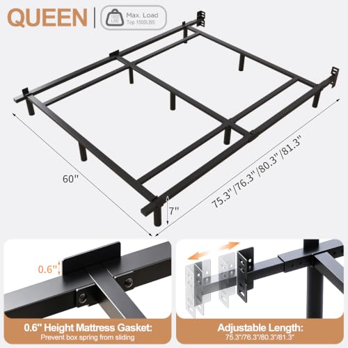 Queen Size Low Profile Metal Platform Bed Frame with Adjustable Length - Heavy Duty Support