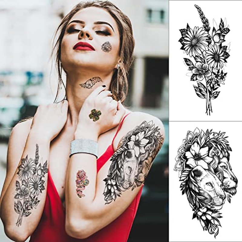 Full Arm Sleeve Temporary Tattoos for Men Women, 46 Sheets Fake Tattoos for Adults, Realistic Lion, Wolf, Eagle, Deer, Flower, Clock, Skeleton Design for Party Concert Daily Accessories