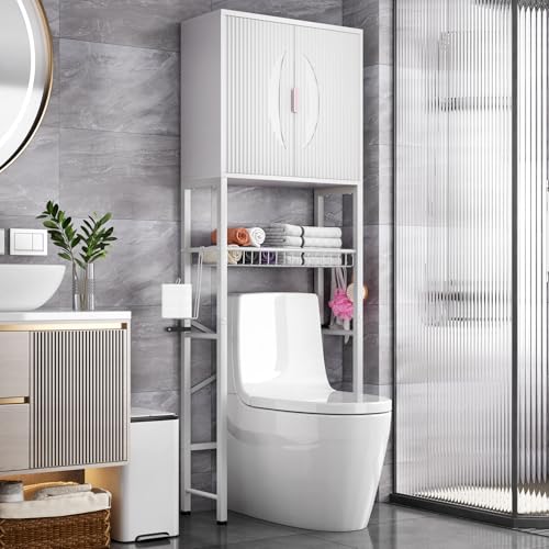 Over The Toilet Storage Cabinet with Fluted Wave Doors - Pure White
