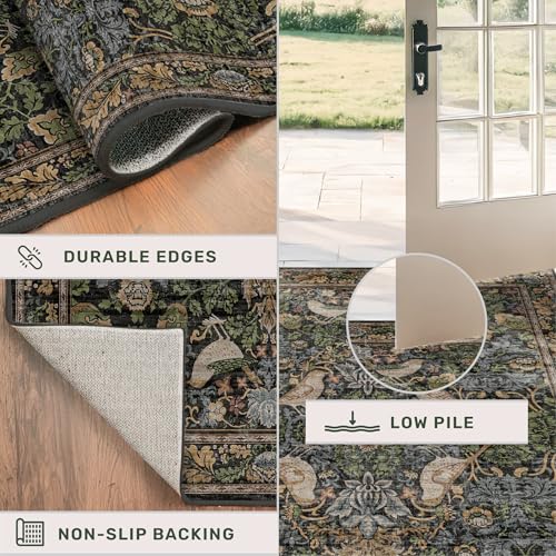 Dark Green 5x7 Vintage Floral Area Rug with Bird Motifs, Non-Slip, Low Pile