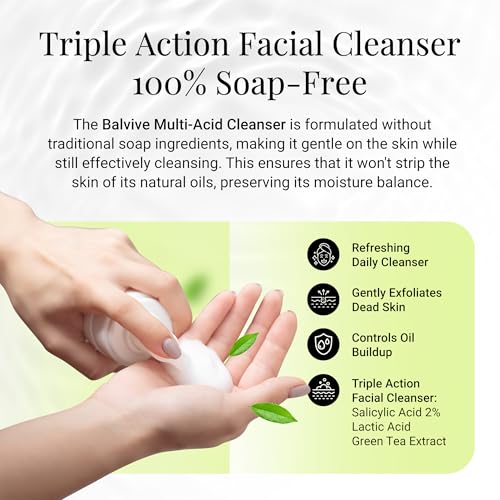Foaming Facial Cleanser with Salicylic Acid, Glycolic Acid & Lactic Acid & Green Tea Extract? Face Wash for Acne, Oily & Sensitive Skin ? Makeup Remover & Pore-Cleansing Skincare 6.7 fl oz