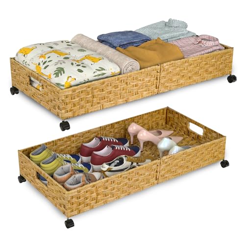 Gvztxoe 2-Pack Large Under Bed Storage Containers with Wheels, Handwoven Rattan Bins for Clothes & Bedding