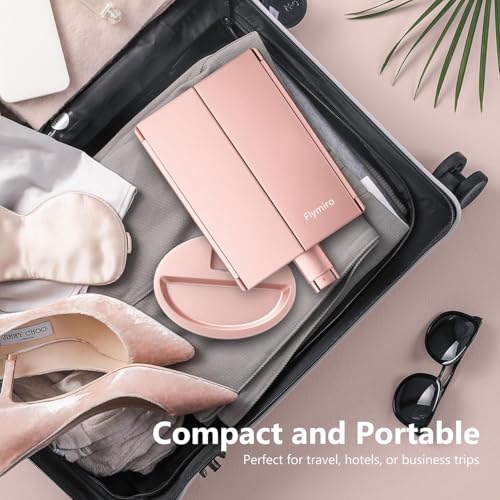 Flymiro Rose Gold Tri-Fold Lighted Makeup Mirror with 3x/2x Magnification, Touch Screen LEDs, 180° Rotation, Portable Vanity for Women & Teens