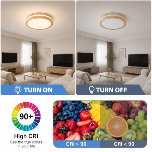 Dimmable LED Wood Flush Mount Ceiling Light 15.74in - Modern Round Fixture for Bedroom Kitchen Hallway