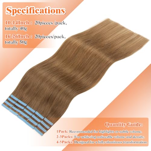 Tape-In Hair Extensions Human Hair 18 Inch Light Medium Brown (#6) 50g Set