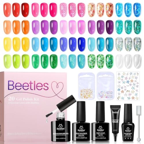 Beetles Jelly Gel Nail Polish Set - Sunbeam Jelly 20 Neon Rainbow Colors with Glitter & Rhinestones