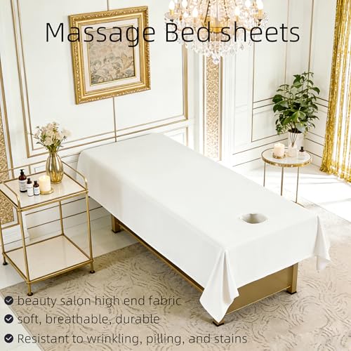 Premium Reusable Massage Table Sheets with Face Hole, Bed Cover Professional Massage Linens Fitted Wax Mat for Esthetician Bed, Stain and Wrinkle-Resistant, Machine Washable (White, 48 * 91 Inch)