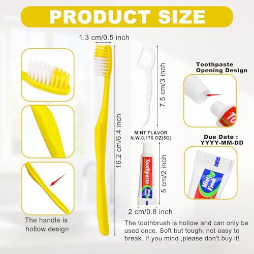 200 Pcs Disposable Toothbrushes with Toothpaste & Floss - Yellow, Individually Wrapped