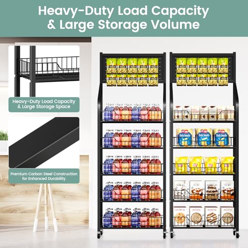 60cm Black 5-Tier Snack Display Rack with Hooks & Wheels - Retail & Home Organizer
