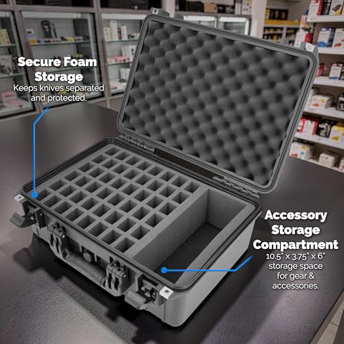 18-Inch Waterproof Lockable Knife Storage Case with 48 Slots & Accessory Compartment