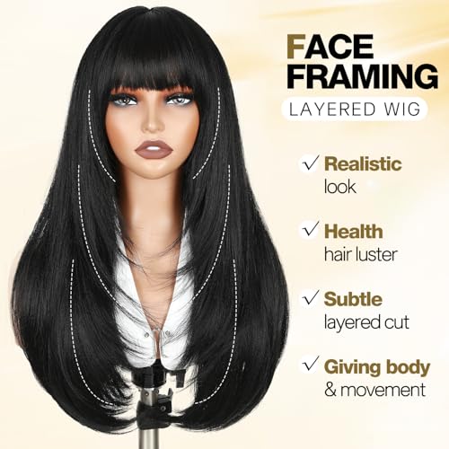WIGNEE Natural Black Long Straight Layered Wig with Bangs for Women