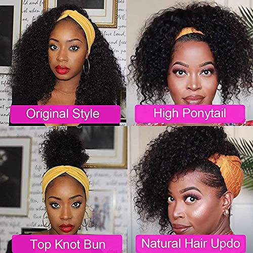 Black 20 Inch Curly Human Hair Headband Wig - Glueless, Wet Wavy, for Black Women