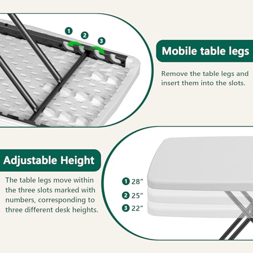 White Granite 30 Inch Folding Table Set of 2 - Adjustable Height, Heavy Duty Utility Tables for Small Spaces, Camp, Dining, Laptop, No Assembly