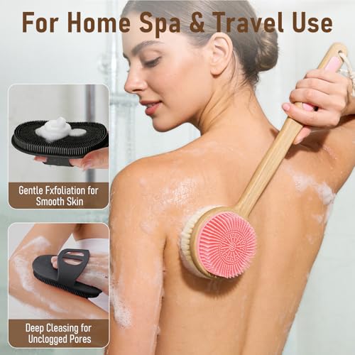 Pink & Black Silicone Body Back Scrubber Set with Long Handle - 2 Pack