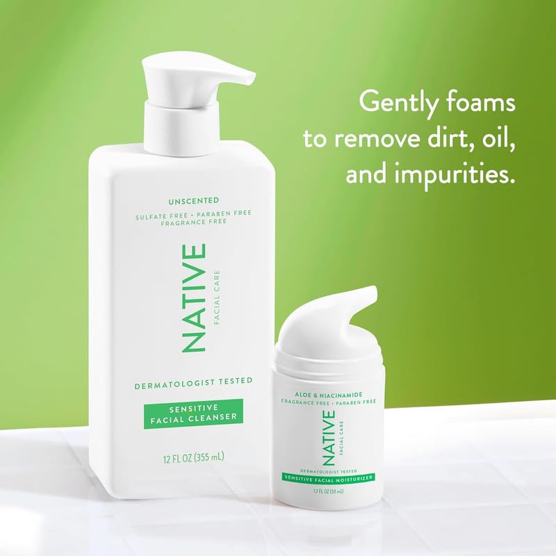 Native Sensitive Face Wash Unscented - Daily Facial Cleanser with Aloe & Vitamin B3 (2 Pack)