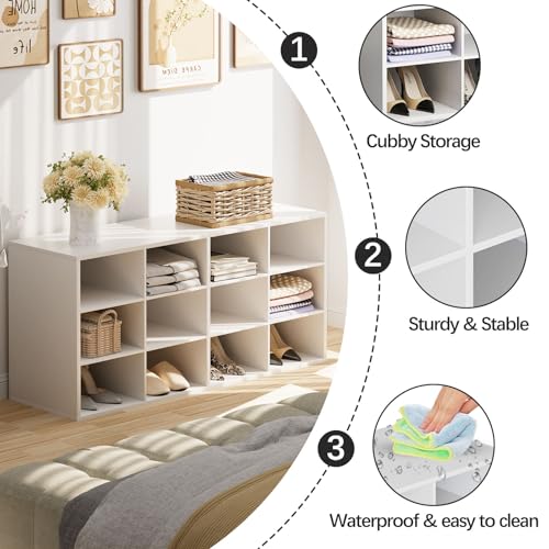 White 12-Cube 3-Tier Shoe Storage Bench Organizer for Entryway