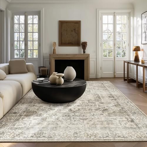 Palohom 5' x 7' Brown & Cream Washable Vintage Area Rug - Non-Slip, Soft, Stain-Resistant for Living Room & Bedroom