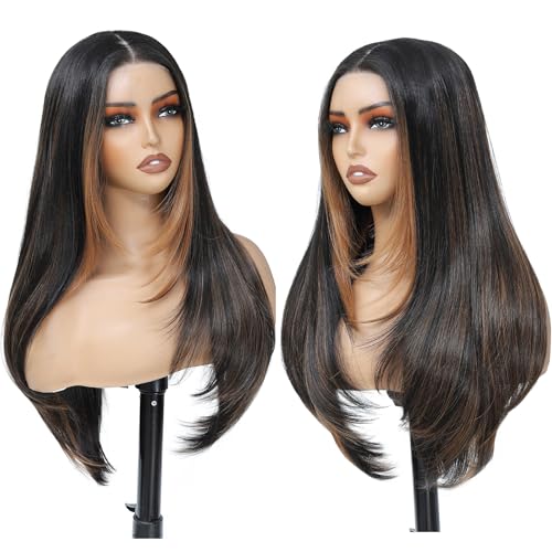 KPROYU Synthetic Lace Front Wig 26 Inch Long Straight Layered Honey Blonde with Black Skunk Stripe Glueless HD Lace for Black Women