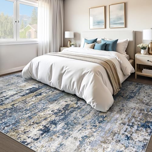 Pmtsns Large Washable Area Rug 8x10 Modern Abstract Neutral Blue Grey Brown Non-Slip Low-Pile for Living Room Bedroom Home Office