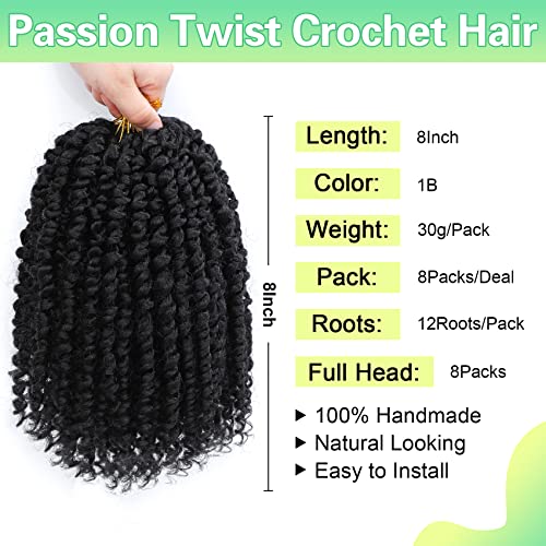 AMELI 8 Inch Passion Twist Crochet Hair 8 Packs Short Curly Synthetic for Black Women 1B
