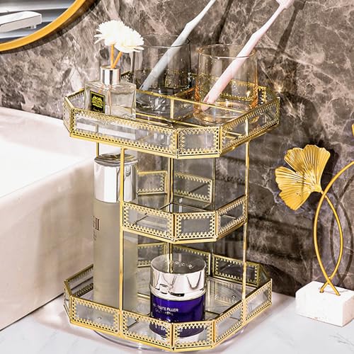 ZOOFOX 360 Degree Rotating Glass Makeup Organizer, Large Cosmetics Storage Display Holder with Gold Trim for Vanity, Clear Makeup Carousel for Perfume, Cosmetics, Brushes, Lotion, Lipsticks