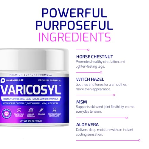 Pharmapulse VARICOSYL Varicose Veins Cream for Legs ? Spider Vein Soothing Leg Cream with Horse Chestnut, Arnica, MSM, Menthol ? Cooling Formula for Tired Heavy Legs ? Non-Greasy, Fast-Absorbing 4oz
