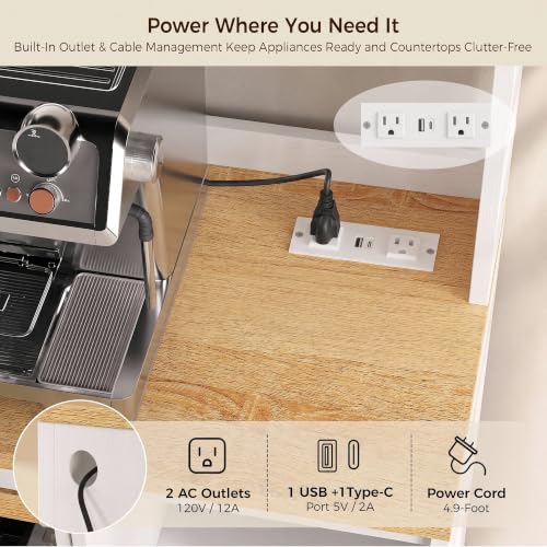 IRONCK White Bakers Rack with Pull-Out Shelf and Power Outlet - Kitchen Storage