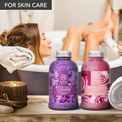 Bath Sea Salt Set with Lavender & Rose Essential Oils - Relaxing Body Care