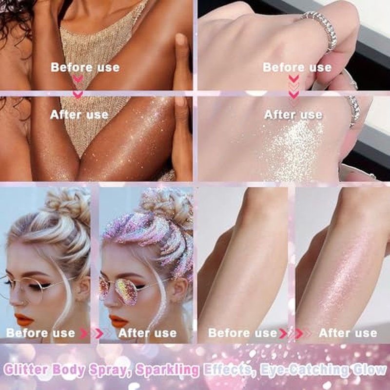 Hair and Body Glitter Spray,Long Lasting Quick-Drying Shimmer Mist for Music Festival Revelry, Nightclub Parties and Balls,Hairspray for Clothes, Face Glitter Spray 4.22 Fl Oz (Silver and Pink)