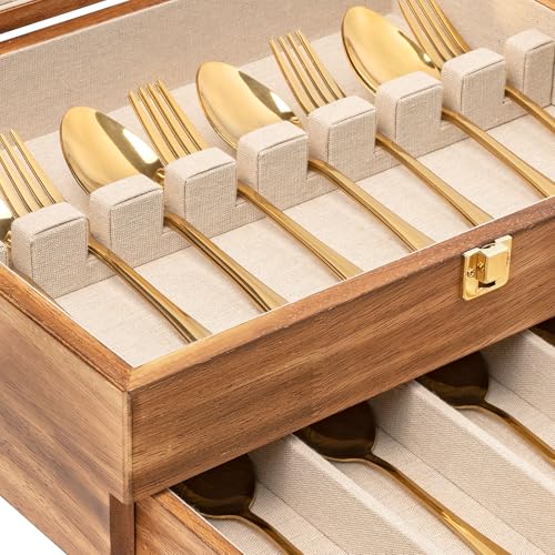 Carbonized Black Wooden Silverware Storage Box 2-Layer Flatware Case with Drawer