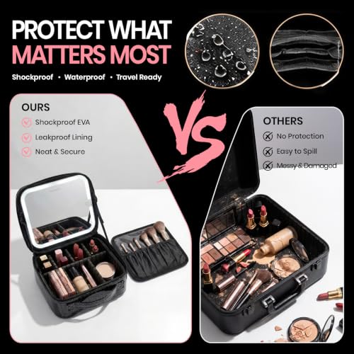 Fanwoli Sparkling Black Makeup Bag with Detachable 4K LED Mirror - 3 Light Modes