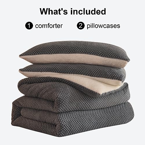 Queen Size 3D Jacquard Comforter Set with Sherpa Fleece - Grey, 3 Pieces
