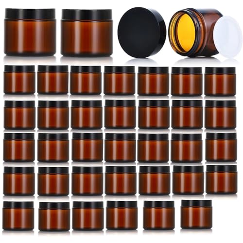 36 Pack 1oz Amber Glass Jars with Black Lids, Small Round Cosmetic Jars with with Inner Liners, Glass Containers for Homemade Creams, Candle, Skincare, Lotion, Travel