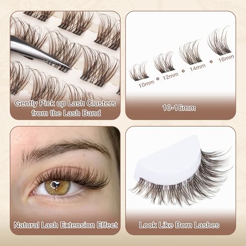 Brown Lash Clusters Natural Eyelash Clusters Brown Lash Extension Invisible Lash Band C-curly Cluster Eyelash Extension 10-16MM Cluster Lashes by Newcally
