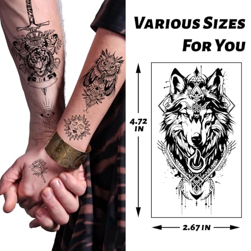 winthrop 80 Sheets Tiny Temporary Tattoos for Adult ? Black Theme Waterproof Body Art Realistic Tattoos Stickers, Include Lion Wolf Tiger Owl Skeleton Skull