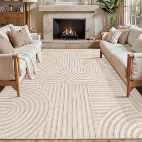 Large Beige Washable Area Rug 6x9 for Living Room High-Low Pile Textured