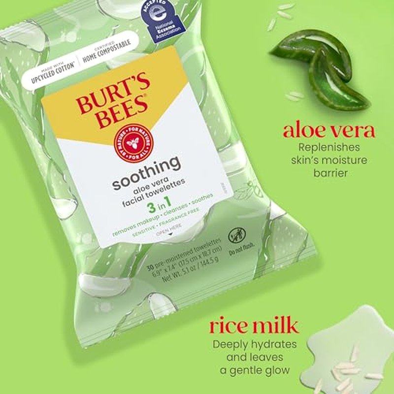Burt's Bees, Aloe Vera Face Wipes, for Sensitive Skin, Soothing Makeup Remover & Facial Cleansing Towelettes, 30 Count (2 Pack)
